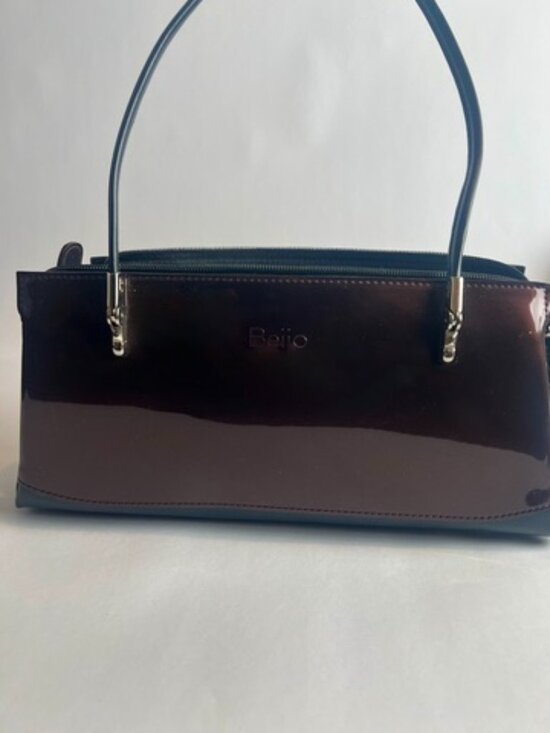 Beijo Handbags - Beijo Oxblood Patent Shoulder Bag Y2K Structured Purse Black Trim